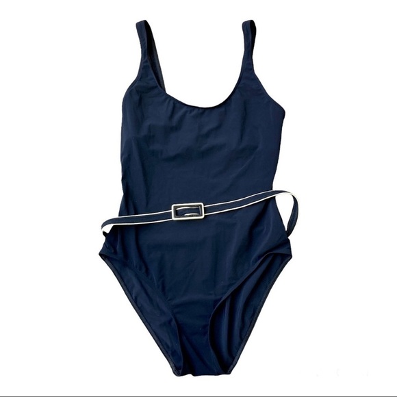 CALVIN Klein One Piece Swimsuit Bond Girl Black White Mod 90's Belted Vacation - Picture 2 of 6